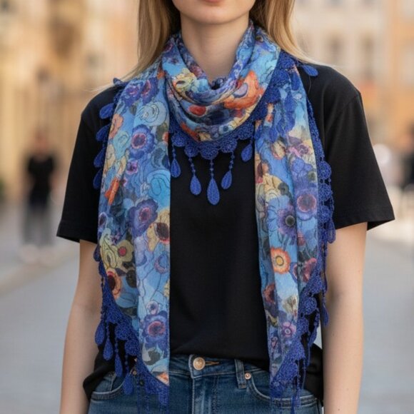 2/$30 Blue Floral Lace Fringe Scarf Shawl Wrap Sheer Lightweight Boho Vintage - Picture 1 of 7